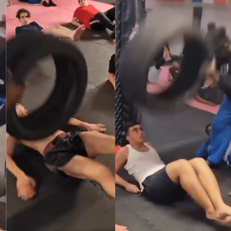 Vídeo repercutiu nas redes sociais: alunos ficam deitados enquanto instrutor bate com força o pneu na barriga deles - Reprodução/Twitter