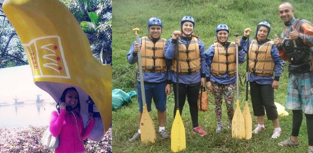 Paula no passeio em Holambra e com o grupo em São Luis de Paraitinga (no centro) - Montagem/Arquivo pessoal - Montagem/Arquivo pessoal