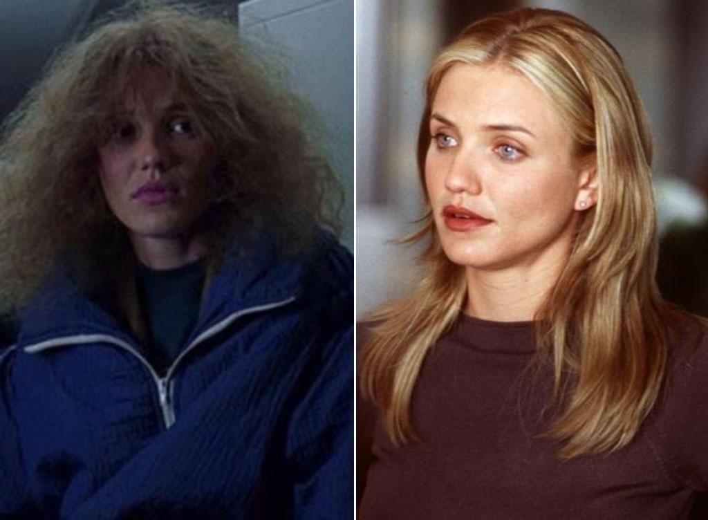 Cameron Diaz em dois momentos totalmente distintos em 1999. À esquerda, praticamente irreconhecível, no filme "Quero Ser John Malkovich", e à direita, em "Um Domingo Qualquer" - Divulgação