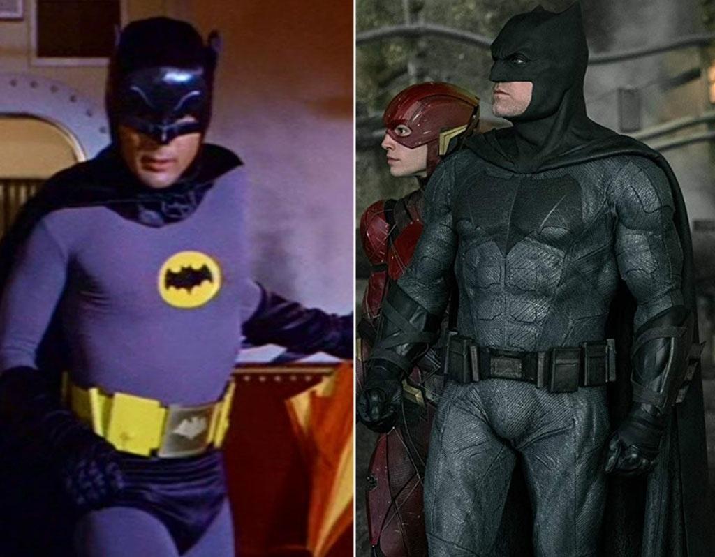 À esquerda, Adam West em cena "Batman - O Homem Morcego" (1966). À direita, Ben Affleck interpreta o super-herói em "Liga da Justiça" (2017) - Divulgação