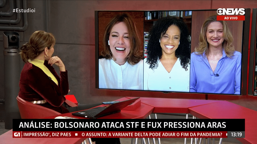 Natuza Nery, Flávia Oliveira e Ana Flor brincaram com a nova franja de Maria Beltrão no "Estúdio i" - Reprodução/GloboNews