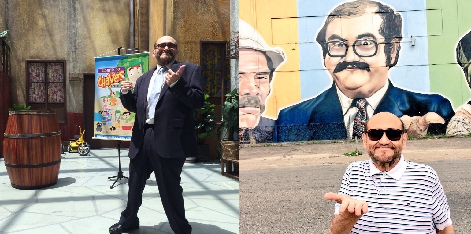 12.out.2015 - O ator mexicano Edgar Vivar, o Sr. Barriga da série "Chaves", visitou a réplica da vila, principal cenário do programa, exposta no Suzano Shopping, na Grande São Paulo. Aos 66 anos, ele se vestiu como o personagem para divulgar o aplicativo "Desafio do Chaves - Acapulco", para smartphones e tablets. No domingo (11), o comediante conheceu o mural com personagens de "Chaves" em grafite, na zona sul de São Paulo, e posou em frente à imagem dele. - Montagem/Divulgação/Twitter/varedg