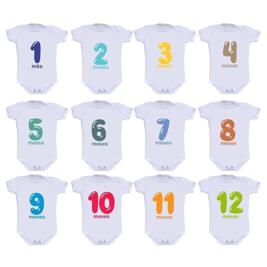 O kit Body Aniversário Mês a Mês da Estamparia Kids (www.elo7.com.br/estampariakids) vem com 12 peças estampadas com os números de cada mês, nos tamanhos P, M, G e GG. R$ 249,90 - Divulgação