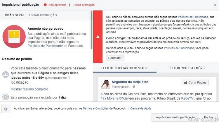Reposta automática do Facebook enviada à equipe de Neguinho da Beija-Flor - Divulgação - Divulgação
