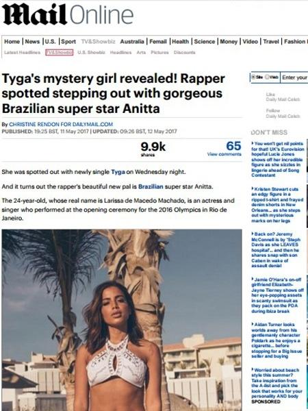 "Daily Mail" faz reportagem sobre Anitta após flagra da cantora com Tyga - Reprodução/Daily Mail - Reprodução/Daily Mail
