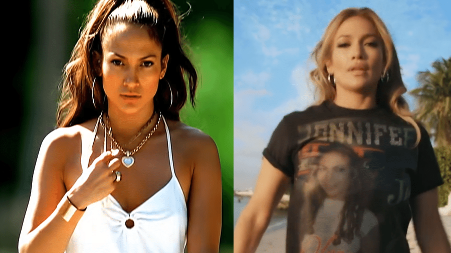Jennifer Lopez em 2001 e em 2021 - Reprodução/YouTube e Instagram