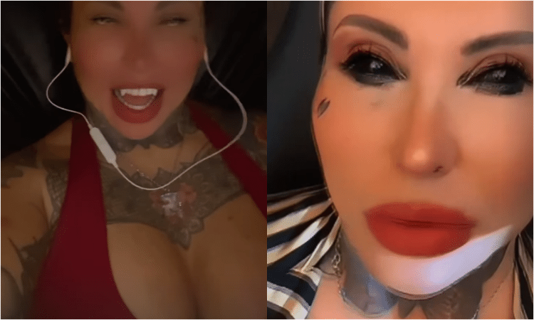 Sabrina Boing Boing mostra dentes de vampiro e olhos tatuados na cor preta