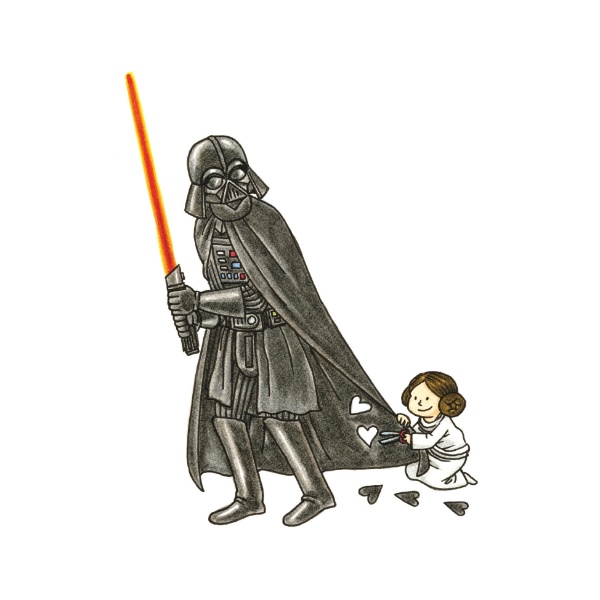Leia corta coraçõezinhos na capa do vilão - e seu pai - Darth Vader, na HQ "A Princesinha de Vader", de Jeffrey Brown