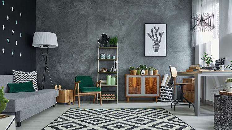 Sala de estar pintada com o estilo de cimento queimado - Reprodução/Pinterest