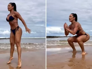 Scheila Carvalho mostra corpo sarado ao treinar de biquíni em praia