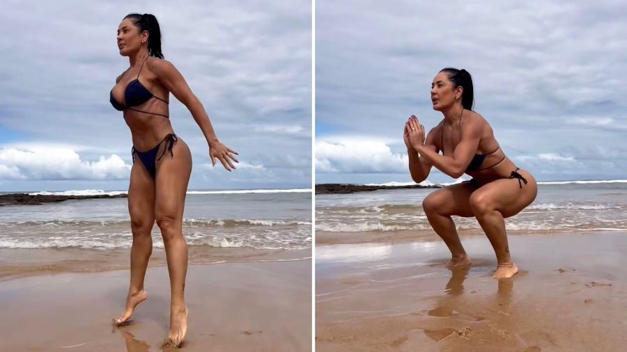 Scheila Carvalho faz atividade física em praia em viagem