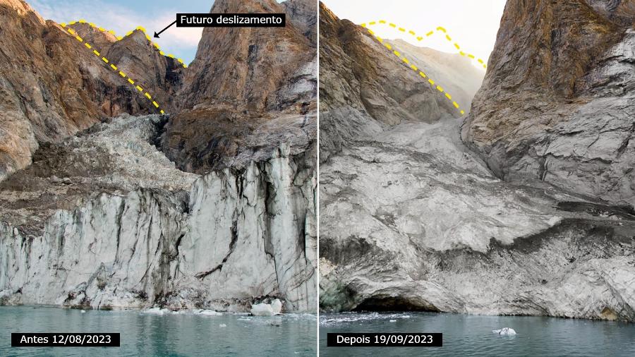 Fotos do pico da montanha e da geleira antes e depois do deslizamento que causou um abalo global