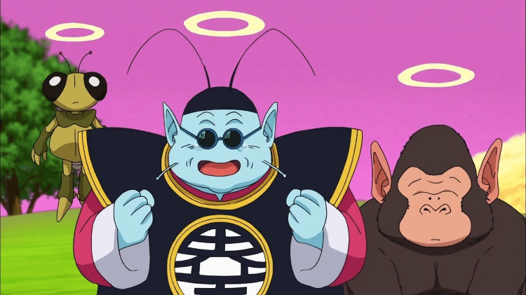 Senhor Kaioh e seus mascotes com auréolas em "Dragon Ball Z"