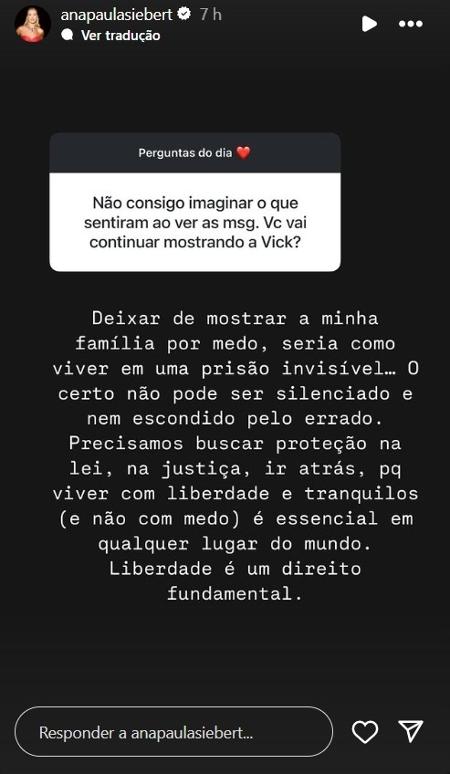 Ana Paula Siebert responde se continuará mostrando filha com Justus após críticas Ana Paula Siebert responde se continuará mostrando filha com Justus após críticas