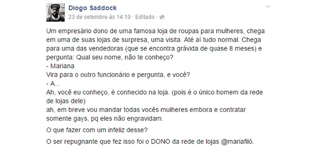 O relato foi publicado por Diogo Saddock na última quarta (23) - Reprodução/Facebook - Reprodução/Facebook