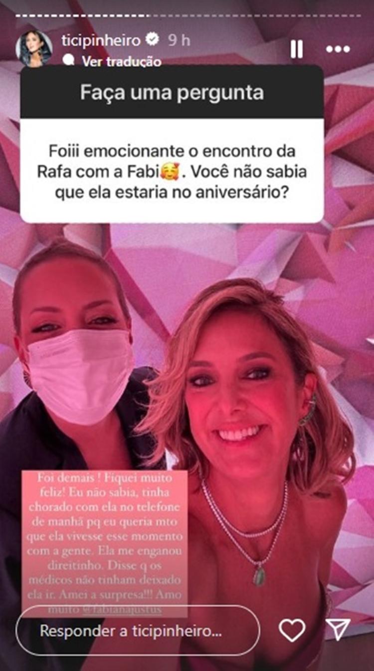 Ticiane Pinheiro conta reação à presença de Fabiana Justus em festa de Rafa