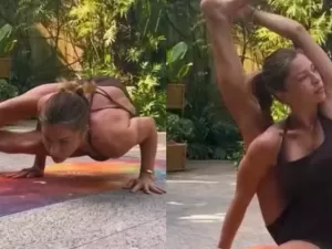 Grazi Massafera exibe flexibilidade em posições avançadas de yoga