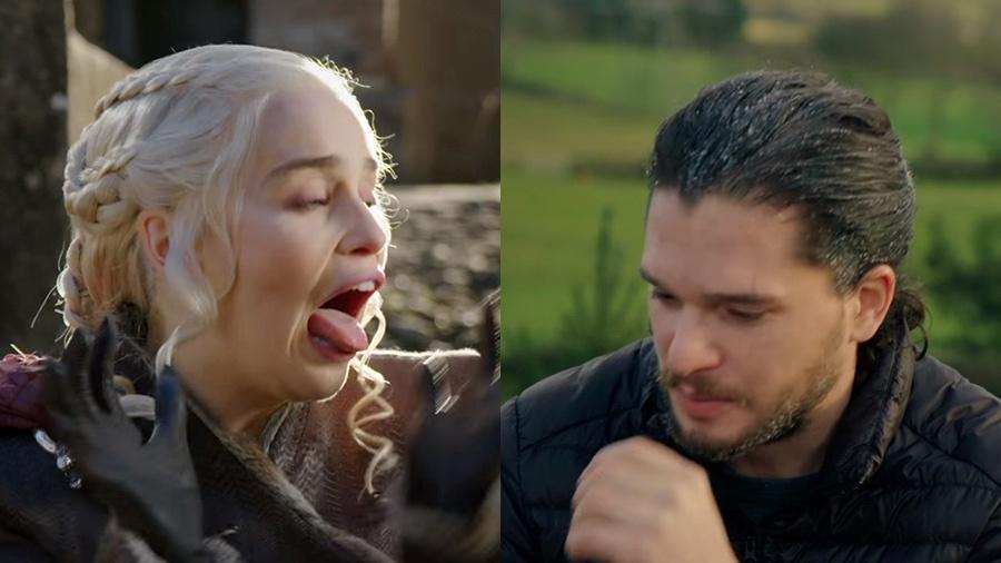 Emilia Clarke e Kit Harington fazem caretas ao lembrar momento importante de Jon e Daenerys no final da sétima temporada de "Game of Thrones" - Reprodução/YouTube