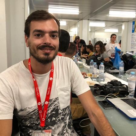 O jornalista Gonçalo Dourado, da 100% Deejay, na sala de imprensa do Rock in Rio Lisboa 2018 - Felipe Branco Cruz/UOL - Felipe Branco Cruz/UOL