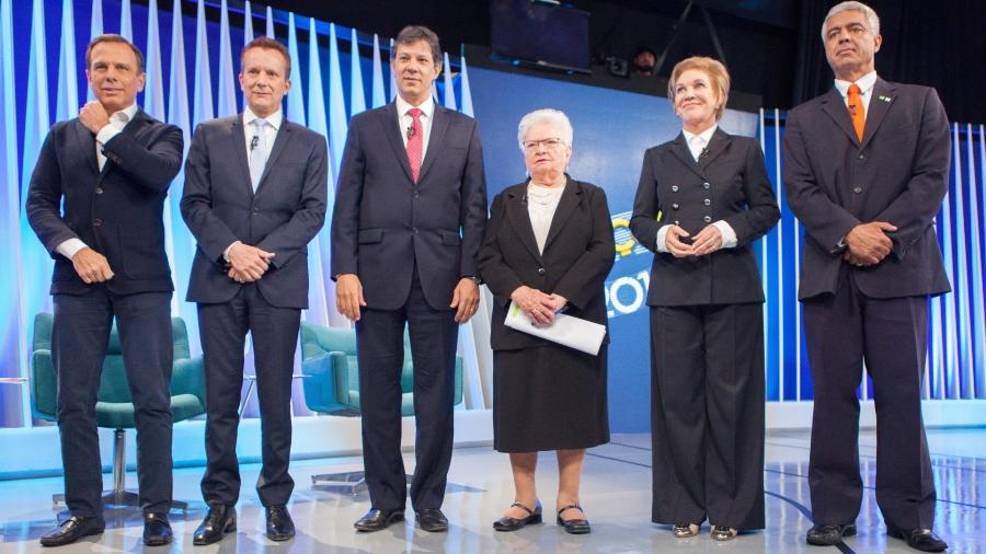 Em 2016, no primeiro turno, a Globo realizou debate com seis candidatos: Doria, Russomanno, Haddad, Erundina, Marta e Major Olímpio  - Daniel Teixeira/Estadão Conteúdo