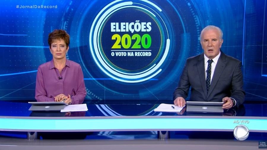 Christina Lemos e Celso Freitas apresentam o "Jornal da Record" na véspera da eleição municipal  - Reprodução