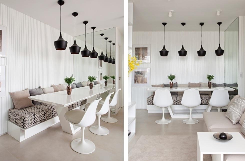 O principal conceito desse ambiente era trazer leveza e sofisticação por meio do branco. A cor aparece no painel de madeira ripado e laqueado da parede, na mesa, nas cadeiras e na base do banco. No projeto de Juliana Matalon, do Estúdio Ela Arquitetura, em parceria com Carol Dantas, o charme final fica por conta do assento de futon com estampa de zig zag, combinado com almofadas em tons pastel - Gui Morelli/Divulgação