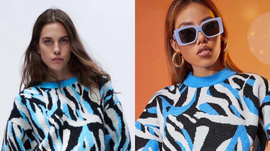 À esquerda, uma blusa da Zara, ao lado, peça da Shein - Reprodução