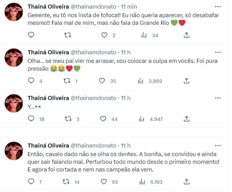 Tweets de Thainá Oliveira contra musa celebridade - Reprodução/Twitter - Reprodução/Twitter
