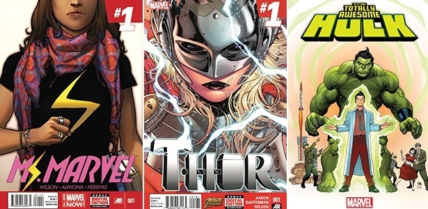 Miss Marvel é muçulmana, Thor, uma mulher e Hulk, um asiático, nas HQs em 2015 - Reprodução/Montagem UOL