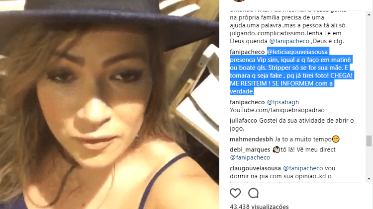 Fani Pacheco discute com seguidor no Instagram - Reprodução/Instagram - Reprodução/Instagram