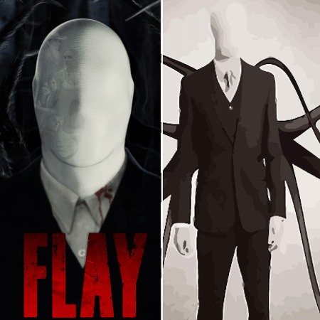 Pôster do filme "Flay" (esquerda) e o conceito do Slender Man (direita) - Reprodução/Montagem - Reprodução/Montagem