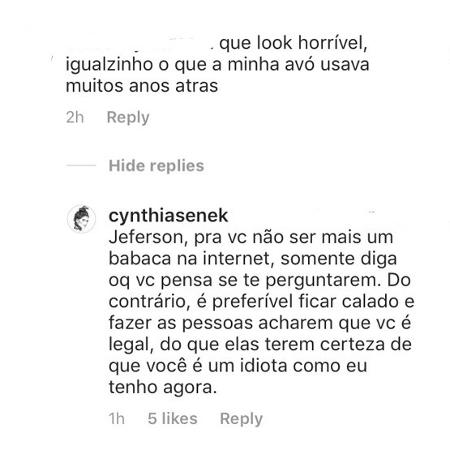 A resposta direta de Cynthia Senek ao comentário ácido do internauta  - Reprodução/Instagram/@cynthiasenek - Reprodução/Instagram/@cynthiasenek