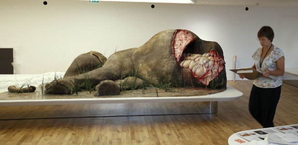 13.out.2015 - Uma funcionária do Museu do Homem, em Paris, passa pela escultura de um elefante morto  - Patrick Kovarik/AFP - Patrick Kovarik/AFP