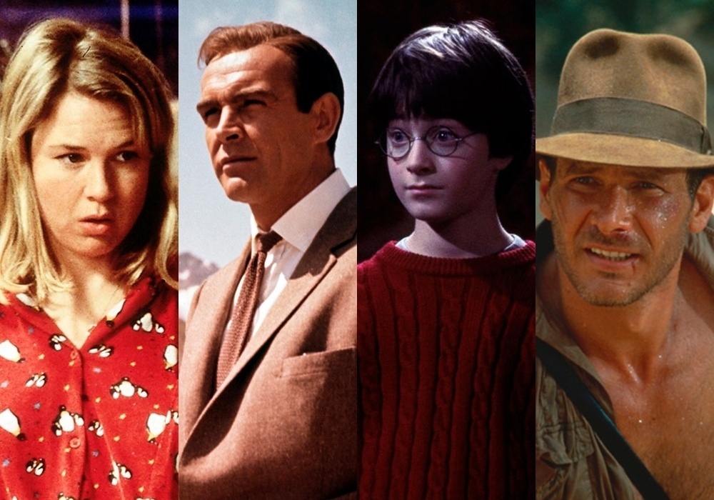 Cena dos filmes "O Diário de Bridget Jones" (2001), "007 Contra o Satânico Dr. No", "Harry Potter e a Pedra Filosofal" (2001) e "Indiana Jones e o Templo da Perdição" (1984) - Montagem/Reprodução