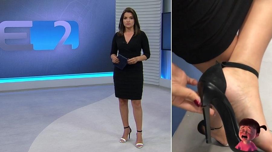 A apresentadora Larissa Pereira quebra o salto durante o "NE2", telejornal da Globo transmitido de Pernambuco - Montagem/UOL/Reprodução/TV Globo/Instagram/larissapereirajornalista