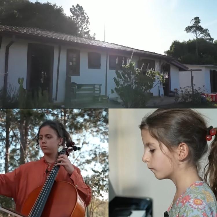 Joana e Maria, netas de Ana Maria Braga, fazem aula de música no sítio em que moram