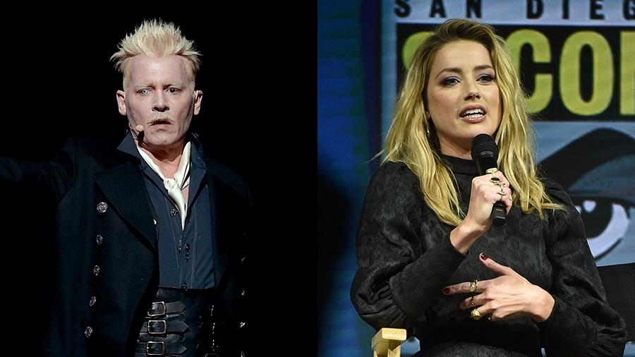 Johnny Depp e Amber Heard foram escalados para o painel da Warner na San Diego Comic-Con 2018 - Kevin Winter/Getty Images/AFP e Chris Delmas/AFP Photo
