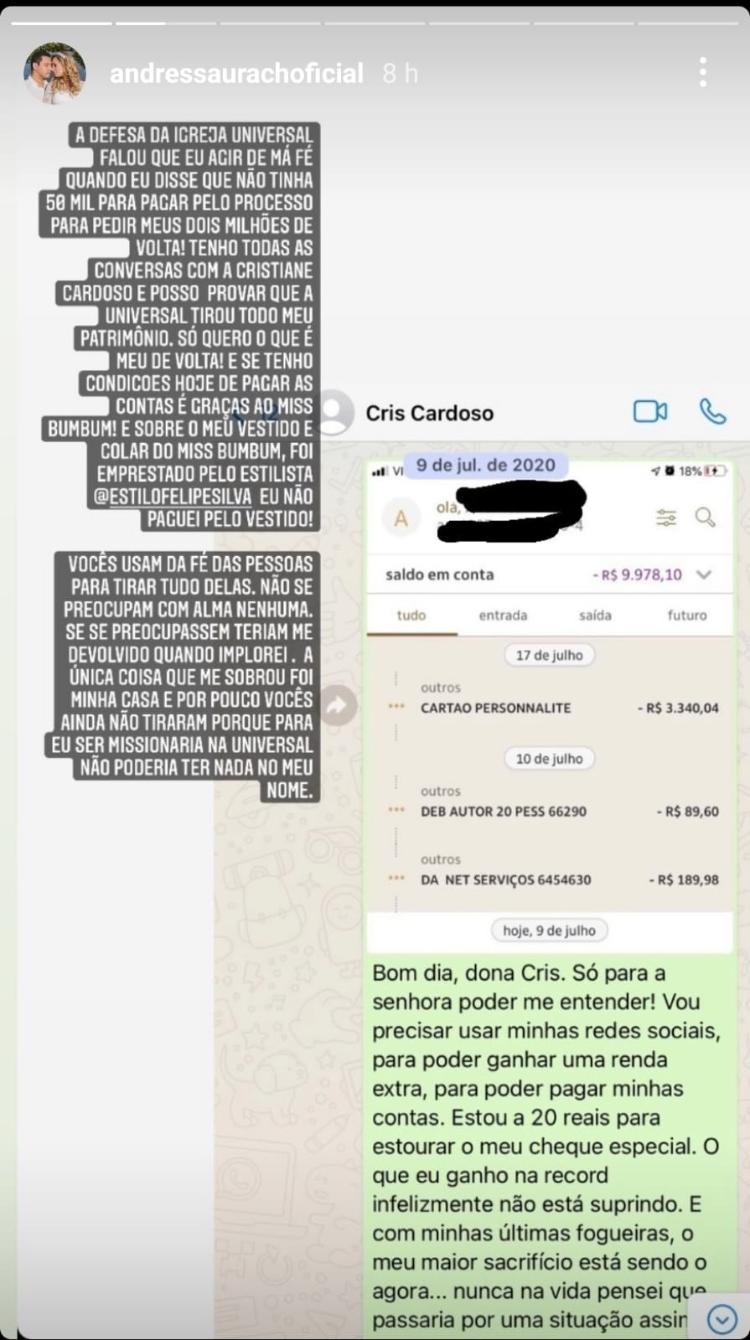 Conversa de Andressa Urach e Cristiane Cardoso - Reprodução/Instagram - Reprodução/Instagram