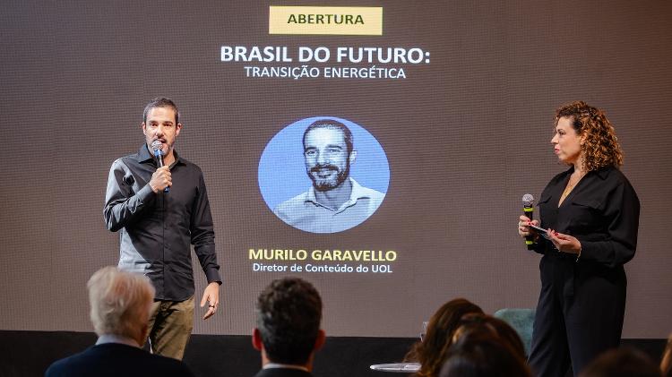 Murilo Garavello, diretor de Conteúdo do UOL, e Fabíola Cidral na abertura do evento "Brasil do Futuro - Transição Energética"