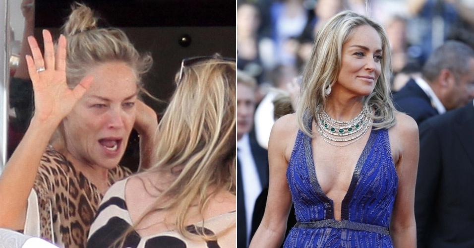 23.mai.2013 - Sharon Stone foi fotografada sem maquiagem e descabelada enquanto tomava café da manhã no iate de Roberto Cavalli, em Cannes (à esq). A atriz, que tem 55 anos anos, desfilou no tapete vermelho do Festival de Cannes com looks deslumbrantes ao longo da semana (à dir)