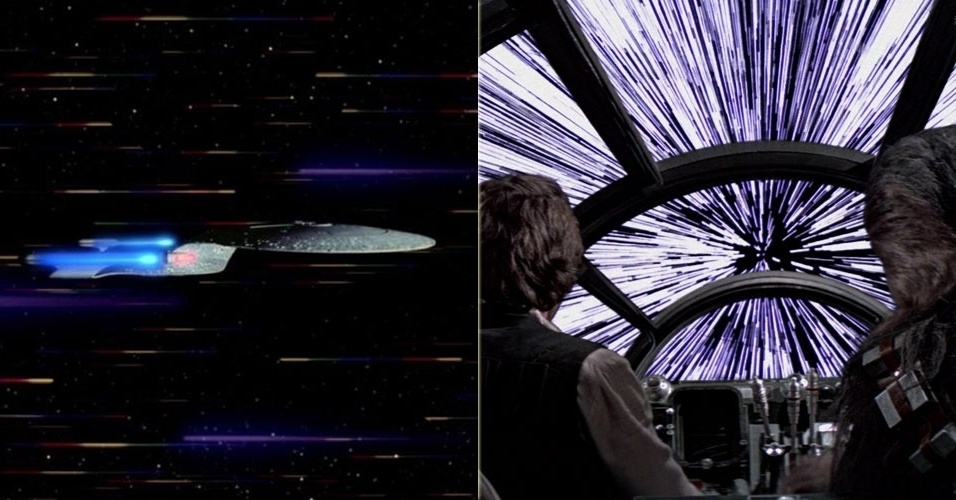 Deslocamento das naves - Se você acha que voar no espaço é "tudo a mesma coisa", saiba que as naves de "Star Wars" se deslocam na velocidade da luz (aproximadamente 300 mil km/s) ou por meio do método de "hyperdrive", que prevê a possibilidade de "saltos" no espaço. Já em "Star Trek" as distâncias são vencidas com um mecanismo conhecido como velocidade de dobra (warp speed em inglês) - uma distorção no espaço-tempo que permite vencer grandes distâncias sem a necessidade da velocidade absurda da luz - Reprodução