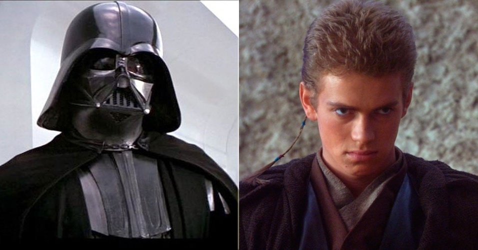 Na imagem, o personagem Anakin Skywalker na nova saga "Star Wars" e mais velho transformado no maligno Darth Vader da trilogia clássica - Reprodução