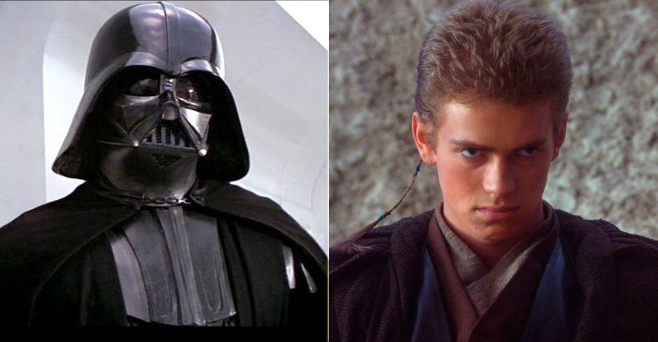Na imagem, o personagem Anakin Skywalker na nova saga "Star Wars" e mais velho transformado no maligno Darth Vader da trilogia clássica - Reprodução