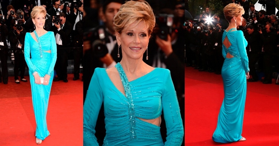 18.mai.2013 - Jane Fonda mostrou em Cannes que mulheres acima de 70 anos também podem - e devem - se sentir sensuais. Os recortes estratégicos do vestido Atelier   Versace da atriz, mostrou a quantidade exata de pele