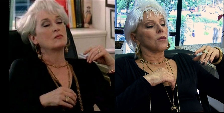 A cantora Vanusa (dir.) vira Meryl Streep no filme "O Diabo Veste Prada" em uma das transformações do programa "TV Fama", da RedeTV!