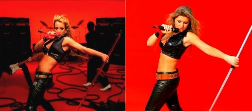 A ex-bbb Iris Stefanelli (dir.) faz até o passinho de dança ao imitar a cantora Britney Spears para o quadro do programa "TV Fama" do dia 25 de dezembro de 2008
