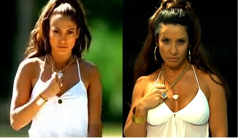 A morena Sheila Carvalho (dir.) imitou a cantora Jennifer Lopez no clipe "Love Don't Cost a Thing", para o quadro "Transformação", do programa "TV Fama"