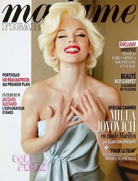 Maio.2012 - Atriz Milla Jovovich faz ensaio inspirado em Marilyn para a capa  da revista "Madame Figaro". Em foto de Ellen Von Unwerth, ela aparece à vontade