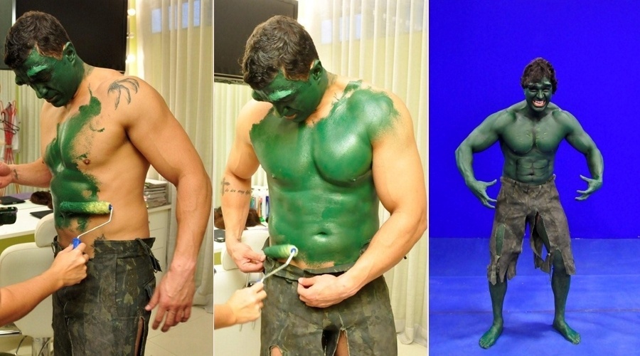 Para o quadro "Transformação" do "TV Fama", o ex-BBB Kléber Bambam se transformou no personagem Hulk. Kléber levou duas horas para pintar o corpo de verde