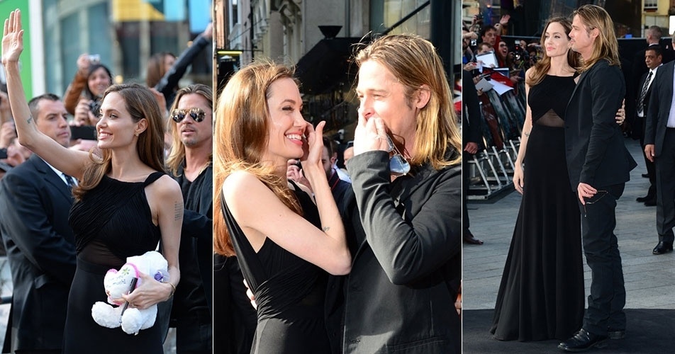 2.jun.2013 -  Angelina Jolie vai a evento pela primeira vez depois de anunciar mastectomia. A atriz acompanhou o marido, Brad Pitt, na pré-estreia de "World War Z", em Londres